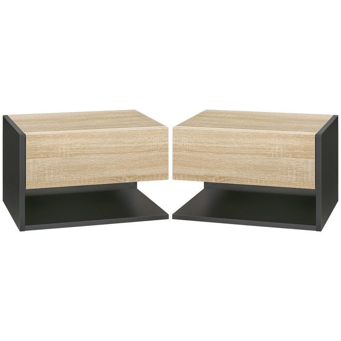Table de chevet suspendue - tables de nuit murale - HOMCOM - lot de 2 tiroir coulissant bicolore - bois - chêne noir