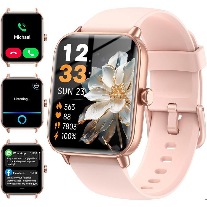 Montre Connectée Femme avec Appel Bluetooth1.85 Smartwatch Moniteur de SpO2 Fréquence Cardiaque Sommeil 100 Sport pour Android