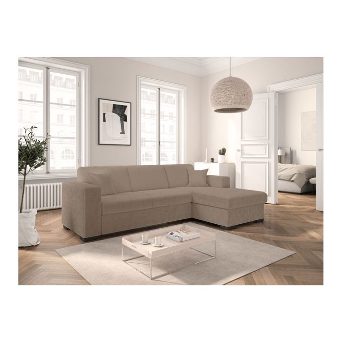 Canapé dangle droit 4 places FUJI XL convertible avec coffre en tissu bouclette - Taupe - L262 x P157 x H83cm - LOUNGITUDE Canapé dangle droit 4 places FUJI XL convertible avec coffre en tissu bouclette - Taupe - L262 x P157 x H83cm - LOUNGITUDE