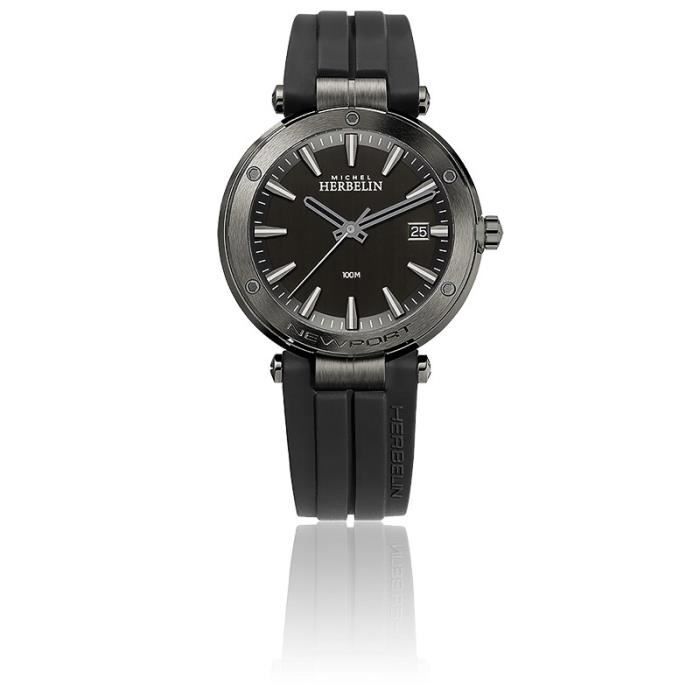 Montre Homme Michel Herbelin - 12288/G33CA - Newport 100m - Garantie 2 ans - Bracelet Silicone noir - Boite Acier Anthracite - Cad Montre Homme Michel Herbelin - 12288/G33CA - Newport 100m - Garantie 2 ans - Bracelet Silicone noir - Boite Acier Anthracite - Cad