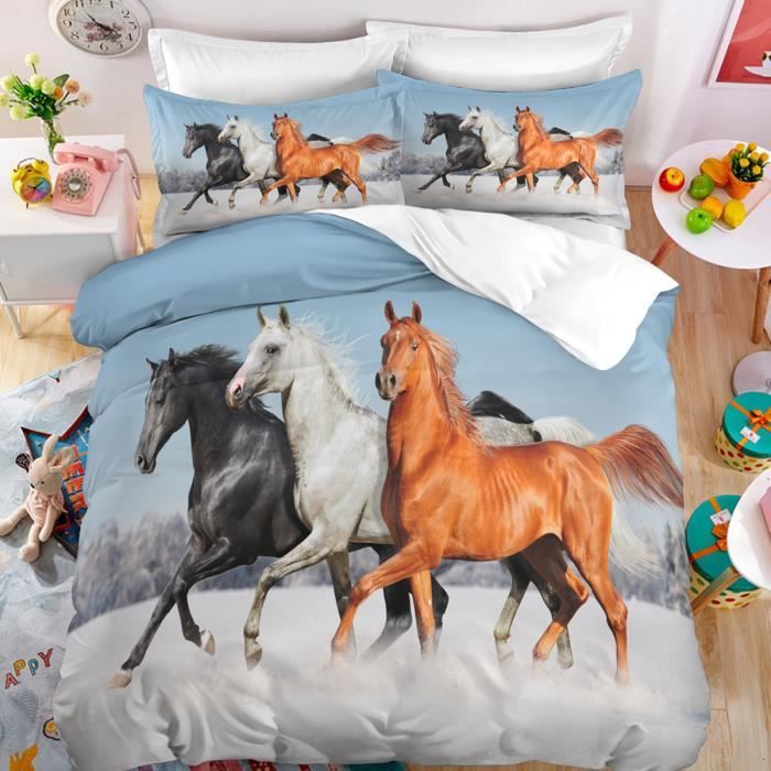 Parure De Lit 200x200 Cm Motif Chevaux - Microfibre Douce, 2 Taies - Housse De Couette Avec Zip