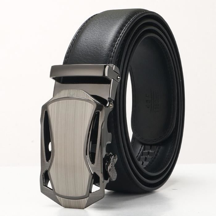 Ceinture homme en cuir noir avec boucle automatique dorée lion – Style luxe et détails gravés main image 0