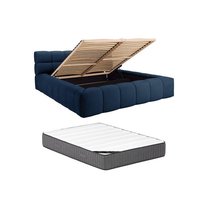 Lit coffre 160 x 200 cm - Tissu - Bleu nuit + Matelas - FORVIK II