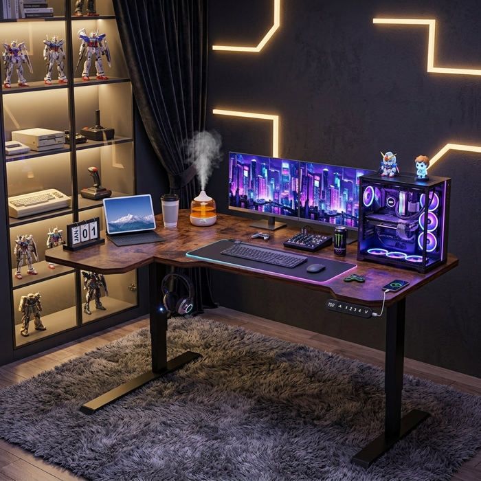 Radlove 150cm L Form Bureau réglable en Hauteur-Bureau Assis-Debout Réglable en Hauteur électriquement Marron