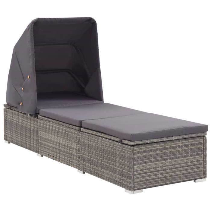 "top" bains de soleil d'extérieur jili - chaise longue avec auvent et coussin résine tressée gris,21,8 kg