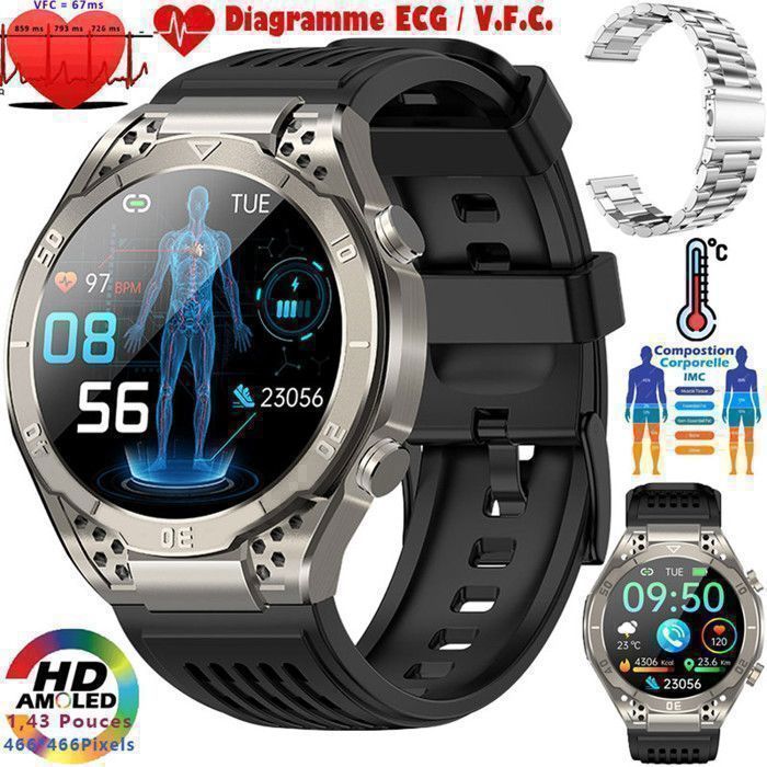 Montre Connectée ECG XtraDiTech Cardiofréquencemètre Thermomètre Moniteur Santé Multifonction Écran AMOLED Appel 2 Bracelets