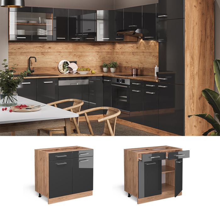 Vicco Meuble Cuisine R-Line Chêne De Force Doré/Anthracite 80 Cm J-Shape - Meuble Bas Modulaire Sans Plan De Travail