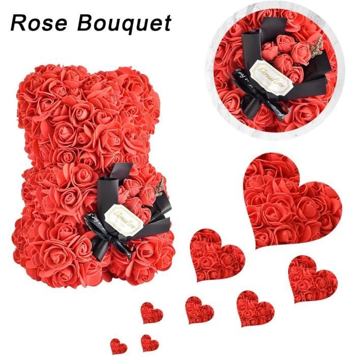 Ourson En Roses Artificielles Avec Boîte Cadeau Et Lumières LED - Cadeau Romantique Pour Saint-Valentin, Fête Des Mères, Anniversaire (25x18 Cm)
