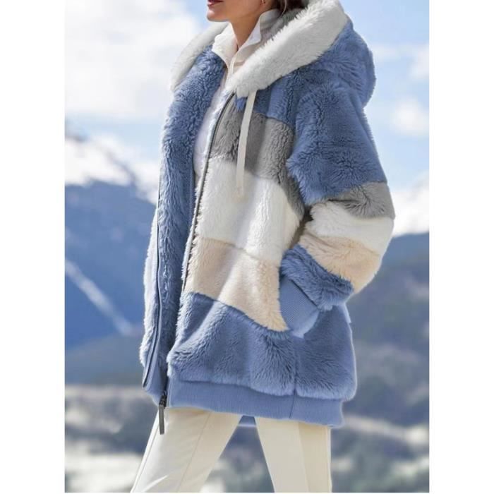 Veste polaire à capuche femme grande taille hiver couleur veste zippée  assortie à manches longues veste ample décontractée chaude