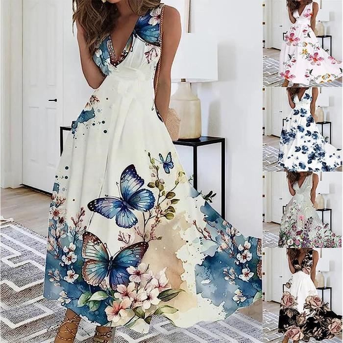 Robe Longue Femme Floral Marque Col V Maxi Bleue Bleue Cdiscount Pret a Porter