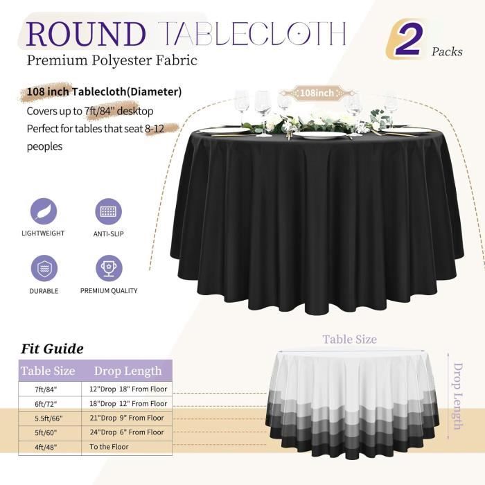 Lot de 12 nappes rondes de 305 cm en tissu blanc pour tables rondes, lavables en