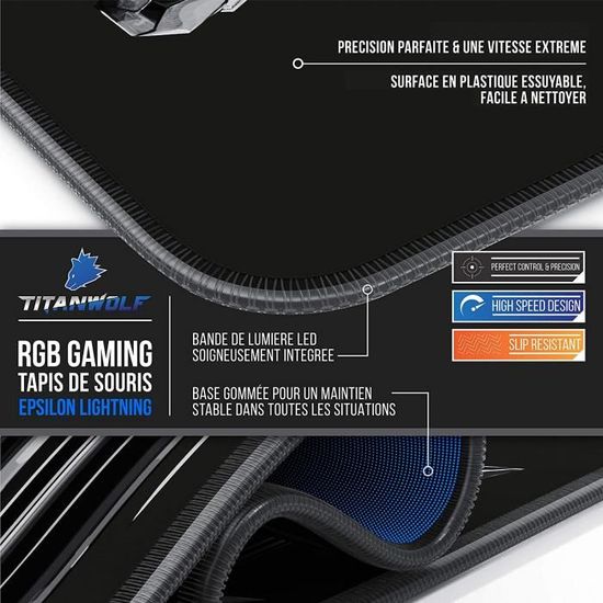 TITANWOLF RGB Tapis de Souris Gaming XXL 120 x 60 cm 1200 x 600mm Surface antidérapante pour Les Joueurs de l’Ordinateur PC et du Mac – Noir LED Lumineuse Tapis de Souris Multicolore 11 Modes 