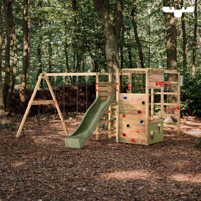 FATMOOSE Aire de jeux Portique bois RiverRun avec balançoire SurfSwing et toboggan vert pomme, Maison enfant exterieur avec bac à sable, échelle d'escalade & accessoires de jeux | Rakuten