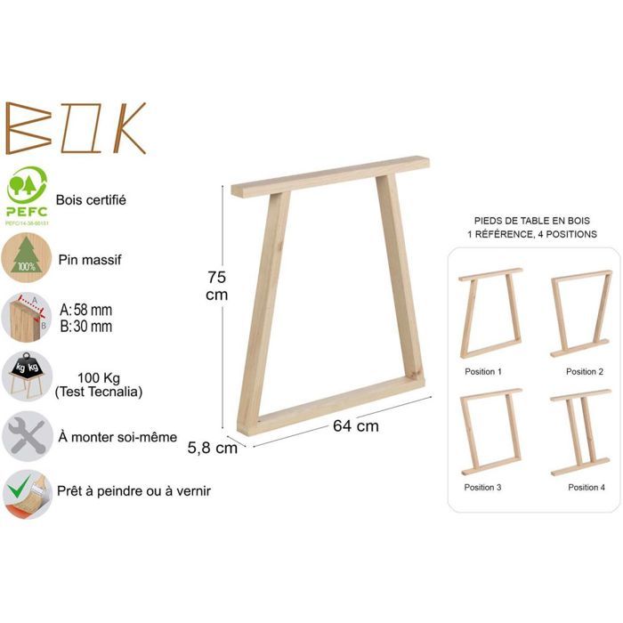 Pieds de table modulable - Bok - Modèle 1 - Pin massif - 64x5,8x75 cm ...
