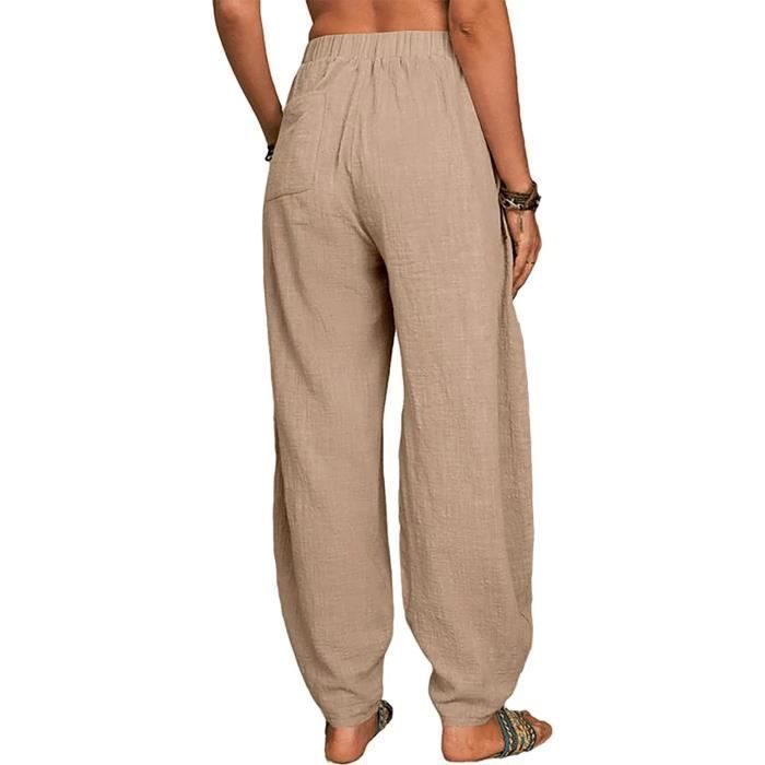 Pantalon Large Coton Lin Femme Pantalon Fluide Taille Elastique