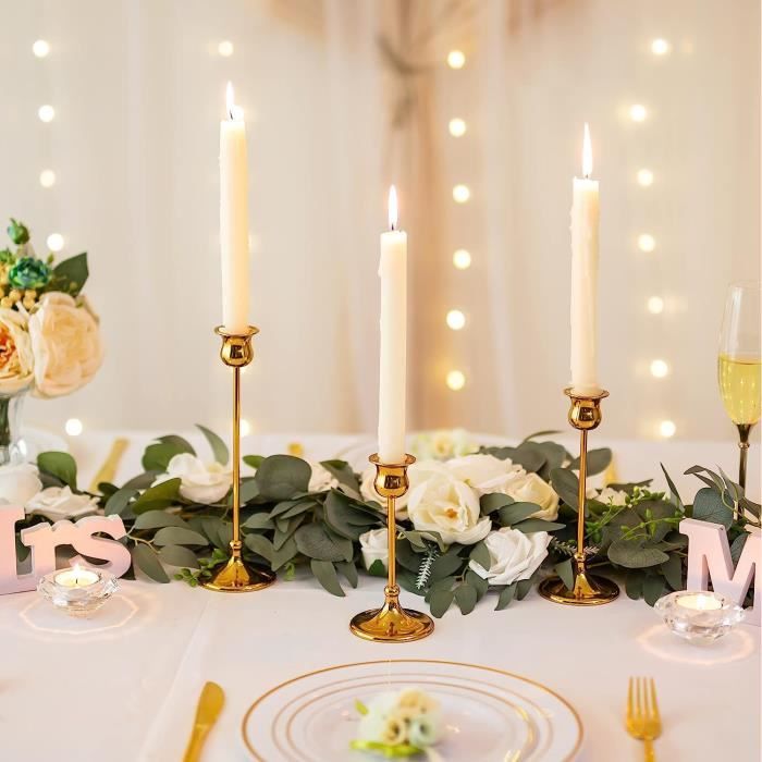 Bougeoirs Chandeliers En Laiton Doré - Lot De 3 Hauteurs (31, 23.5, 16 Cm) - Pour Bougies Coniques - Décoration Mariage, Noël, Centre De Table - 7