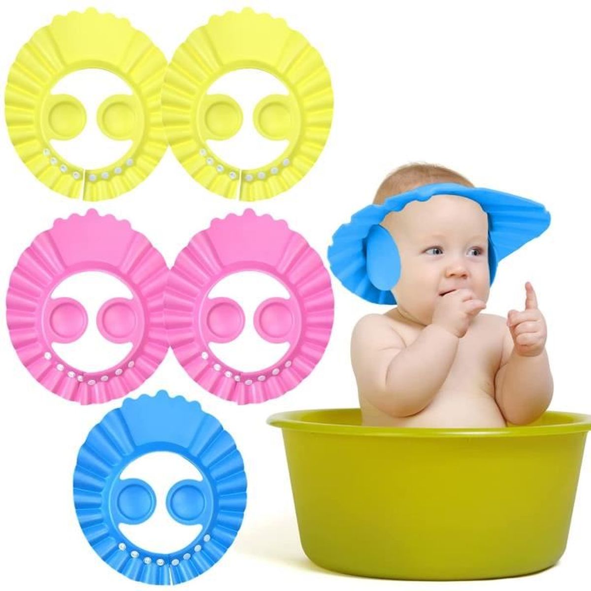 Réglable Bleu Bonnet de douche pour enfant Tour de tête supérieur à 38 cm Pour le shampoing et le bain Pour plus de 6 mois 