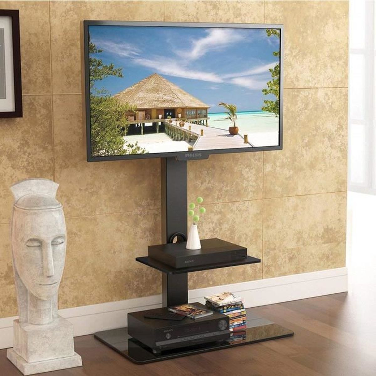 Meuble TV avec Support Cantilever Télé Pied Pivotant pour Ecran TV LED