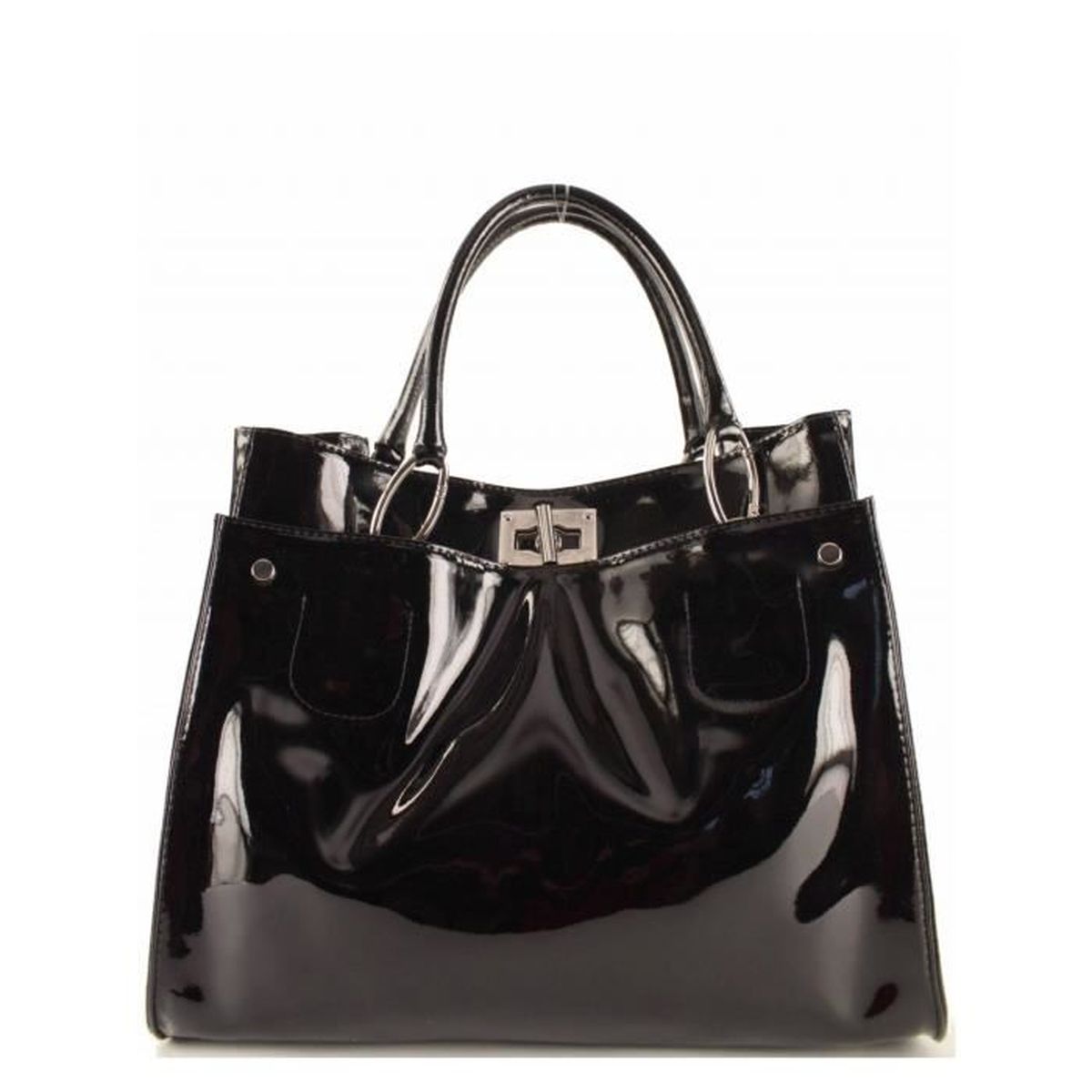 Sac à Main Femme Ancien En Cuir Verni Noir - Vintage, Doublure Velours, Occasion