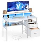 VASAGLE Bureau Gaming, avec Tiroirs en Tissu, avec Support d'Écran, Lumières LED, 55 x 120 x 90 cm, 2 Ports USB, Blanc Érable