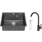 AURALUM MAX Évier 1 Bac 55x45x18,5CM + Robinet de Cuisine Rotatif à 360° Évier à Encastrer Noir en Inox avec Distributeur de savon