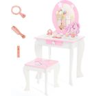 COSTWAY Coiffeuse pour Enfant Table de Maquillage avec Tabouret, Miroir Détachable et 1 Tiroir de Rangement Style Princesse Blanc