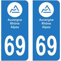 Lot 2 Autocollants Stickers plaque immatriculation voiture auto département 69 Rhône Logo Région Auvergne-Rhône-Alpes