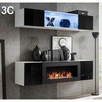 Ensemble de meubles de salon Krista 3C blanc et noir avec cheminée Erica lumbre