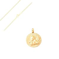 Collier Enfant Chaîne et Médaille Pendentif Soleil Ange Baptême 12 mm Plaqué Or Jaune 750 3 Microns
