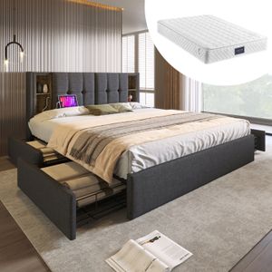 SOMMIER Lit double avec recharge sans fil USB C & 4 tiroirs,cadre de lit tapissé 160x200cm,sommier à lattes en bois et lin gris