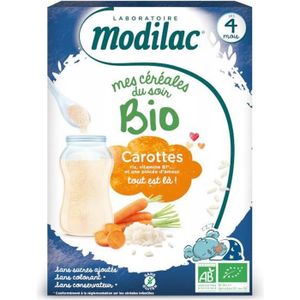 CÉRÉALES BÉBÉ Modilac Mes Céréales du Soir Bio Riz Carotte Dès 4 mois 250g
