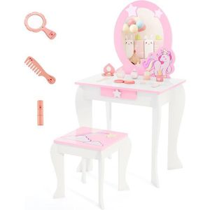 Coiffeuse Licorne Enfant Avec Tabouret - Miroir Et Tiroir - 90cm Hauteur Rose Et Blanc