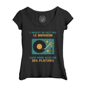 T-SHIRT T-shirt Femme Col Echancré Noir Platines Vinyle DJ