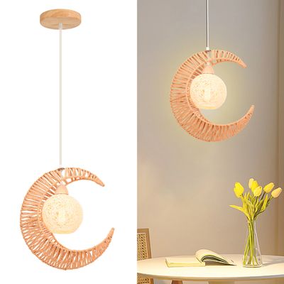 Lampe Suspendue E27 Corde Chanvre Rétro Lune Bambou Rotin - Lustre Tissé Artisanal