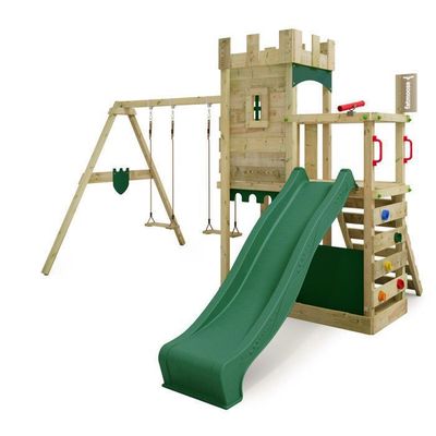 Tour de jeux MultiFlyer toit en bois avec toboggan vert pastel + cuisine de jeu Tour de jeux MultiFlyer toit en bois avec toboggan vert pastel + cuisine de jeu