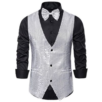 Gilet Homme Paillettes Sans Manches - Coupe Slim, Col En V, Idéal Soirée, Noël Ou Scène
