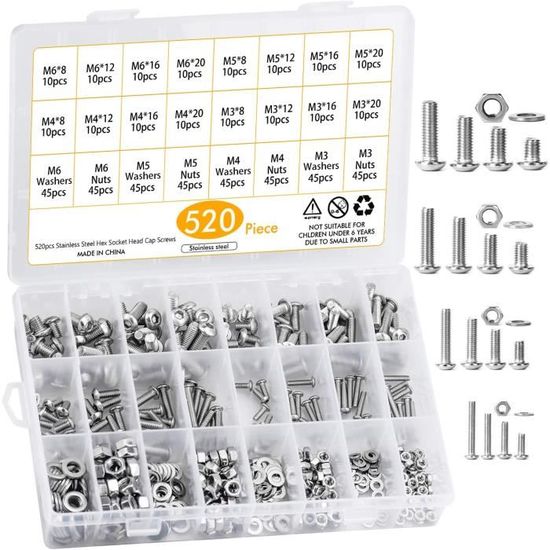 Lot de 520 Assortiment Vis Inox M3 M4 M5 M6 Métrique à Tête Ronde