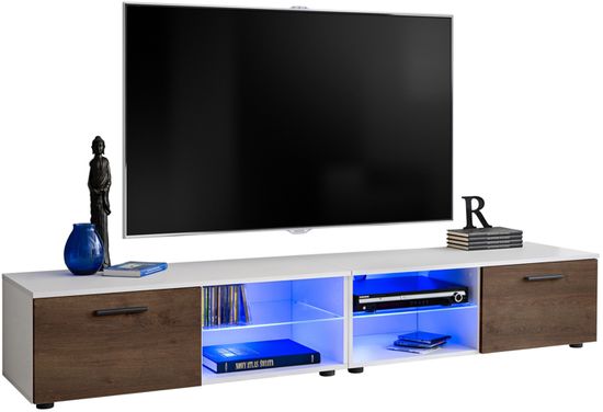 2x Meuble TV T32-100 - LED bleues - Bronze Mat & Blanc - Façades en Bois Mat - L200cm x H34.5cm x P45cm