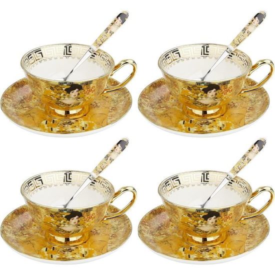 Artvigor Set de 4 Tasses à Café en Porcelaine, Service à Thé Anglaise 200ml avec Cuillère et Soucoupe, pour 4 Personnes Style