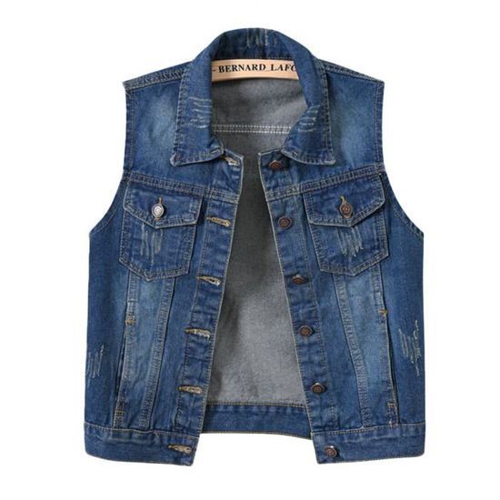 Gilet En Denim Sans Manches Avec Capuche - Veste Courte Jean Casual Pour Femme | Taille L Bleu Clair