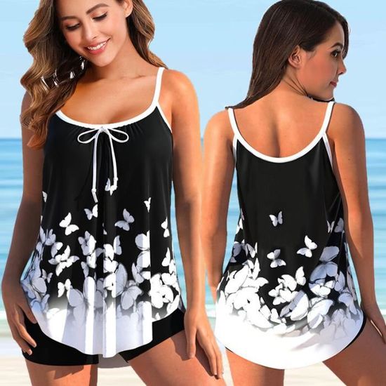 Ensemble Tankini 2 Pièces Femme - Imprimé Floral - Grande Taille Disponible - Haut Col En U Et Short Taille Haute - Polyester