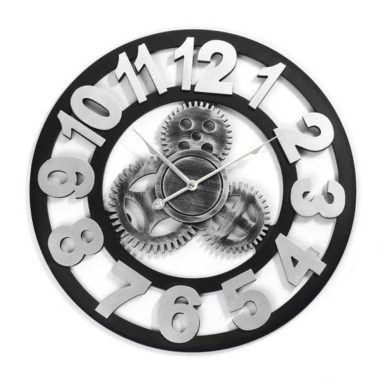 50cm Horloge Murale Vintage en Bois engrenages industrielle Argent
