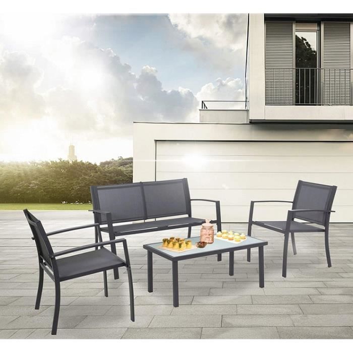 Sigtua, Salon de Jardin,Ensemble Meuble de Jardin,1 Canapé, 2 Chaises et 1 Table Imperméable en Acier Gris Foncé,Ensemble de Meuble
