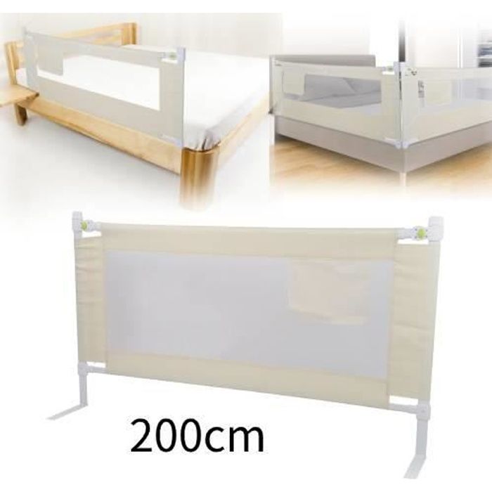 Barre de securite Barrière de lit de sécurité enfant portable 200 * 68 cm - Ascenseur vertical - Réglage à 8 vitesses - Blanc cassé