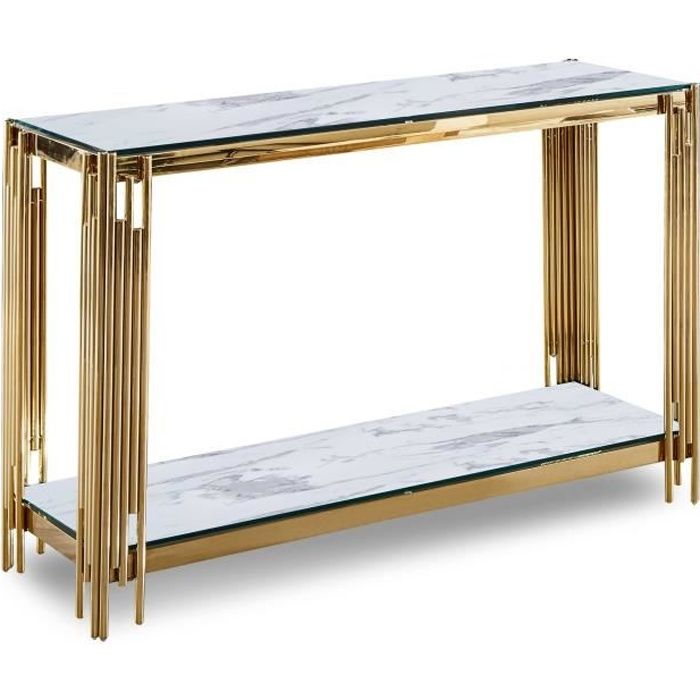 Console design en verre blanc marbré et métal doré ORIANA