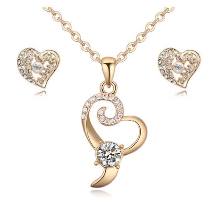 Ensemble en coeur collier et boucles d'oreille 18 carats plaqué or jaune avec cristaux blancs de Swarovski