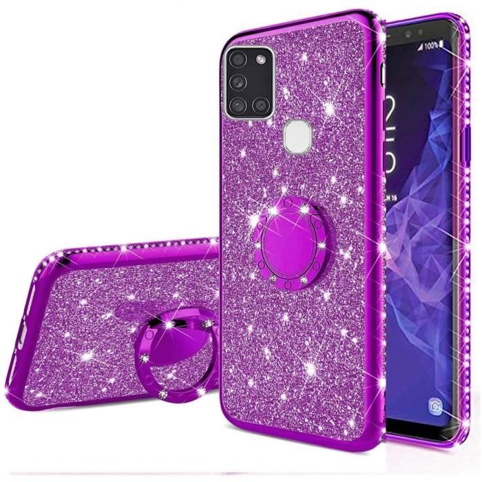 Coque Strass Galaxy A21S,Brillante Diamant Coque Housse Fille Femme Glitter Pailleté Anneau Stand Support Silicone Bumper CovNA