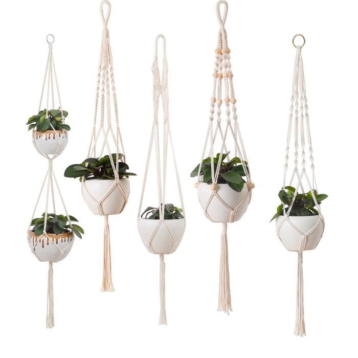 5pcs Macramé Suspension Plante Corde Corde de Coton Pot Suspendu Plante Porte Décoration du Jardin Intérieur Extérieur avec Crochets
