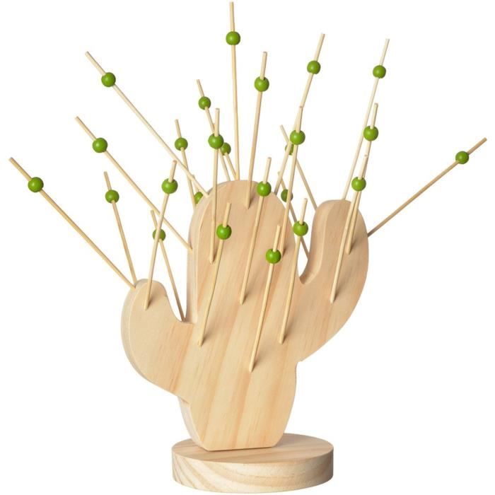 L'Atelier Apéro 36-1K-009 Set Pics apéritif Cactus Beige Bois 27 brochettes et leur support H20,5 x 11 x 17 cm