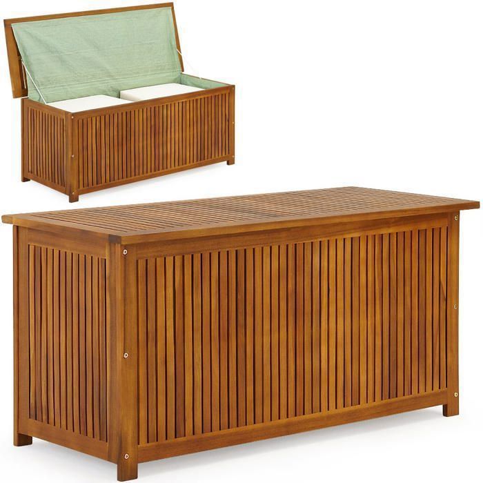 Coffre boîte de rangement jardin 117x50x59cm en acacia avec bâche intérieure